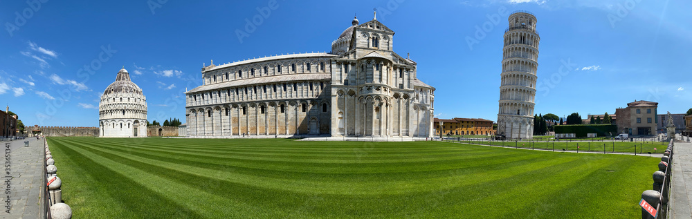 Field of Miracles and Leaning Tower, Pisa. Panoramic view without tourists on a sunny day