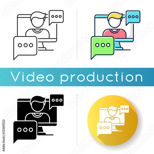 Interview video icon. Journalist footage. Video call conversation. Live online conference. Internet chatting. Linear black and RGB color styles. Isolated vector illustrations
