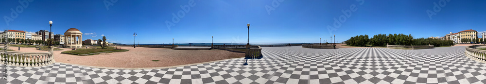 Piazza Mascagni, Livorno. Panoramic view of famous square without tourists, Leghorn, Tuscany