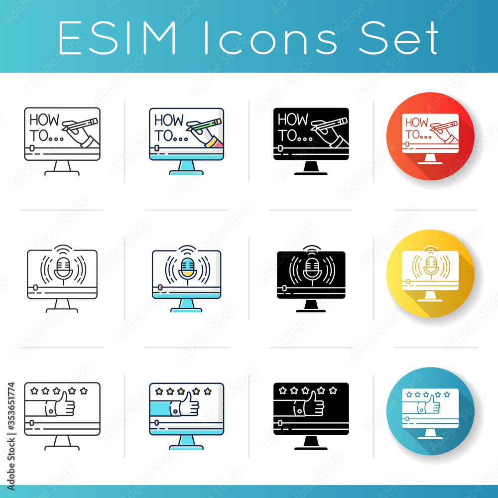Online video watching icons set. Internet tutorial. Product review. Goods promotion. Videography industry. Linear, black and RGB color styles. Isolated vector illustrations