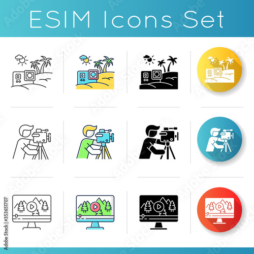 Filmmaking and videography icons set. Travel Internet blog. Nature documentary movie. Professional cameraman. Linear, black and RGB color styles. Isolated vector illustrations