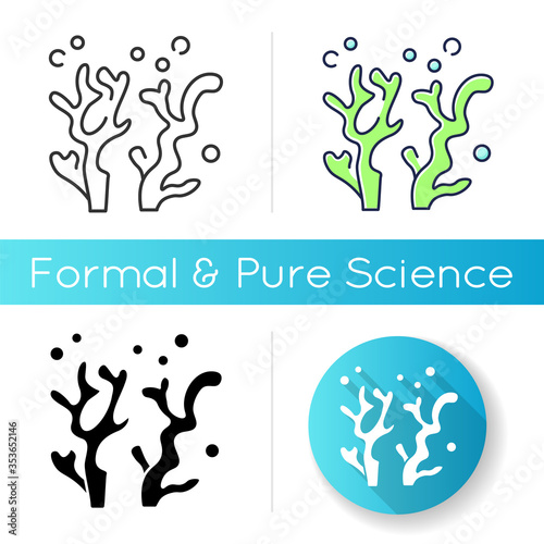 Oceanology icon. Natural science discipline, sea life researching. Linear black and RGB color styles. Aquatic environment, ocean flora and fauna study. Seaweed isolated vector illustrations