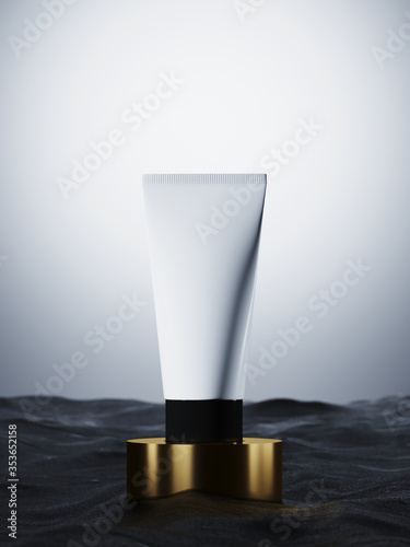 Minimal background for product presentation. Skin care product on gold podium and black sand. 3d rendering illustration.