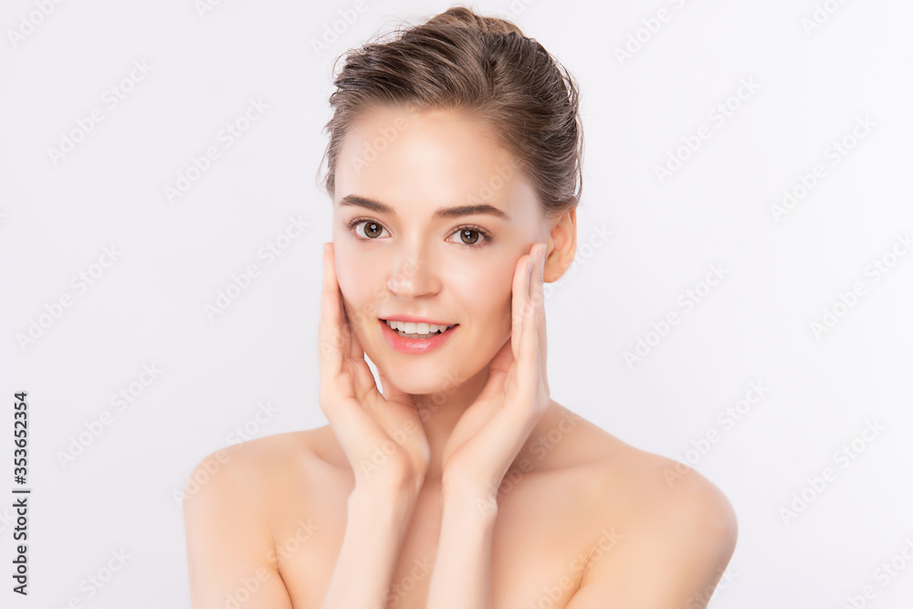 Beautiful Young Woman touching her clean face with fresh Healthy Skin, isolated on white background, Beauty Cosmetics and Facial treatment Concept. Beautiful Young Woman touching her clean face with fresh Healthy Skin, isolated on white background, Beauty Cosmetics and Facial treatment Concept.