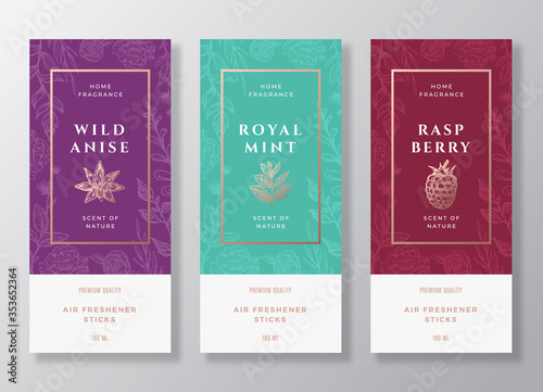 Spices and Berries Home Fragrance Abstract Vector Labels Template Set. Hand Drawn Sketch Flowers, Leaves Background and Retro Typography. Premium Room Perfume Packaging Design Layout Bundle.