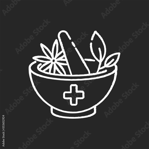 Ayurveda chalk white icon on black background. Ayurvedic treatment. Alternative medicine. Indian health care system. Traditional ancient medical practice. Medicinal herbs. Isolated vector chalkboard