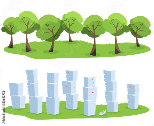 Pile of office documents as tree waste isolated on white background. Trees vs paper piles. Flat vector illustration.