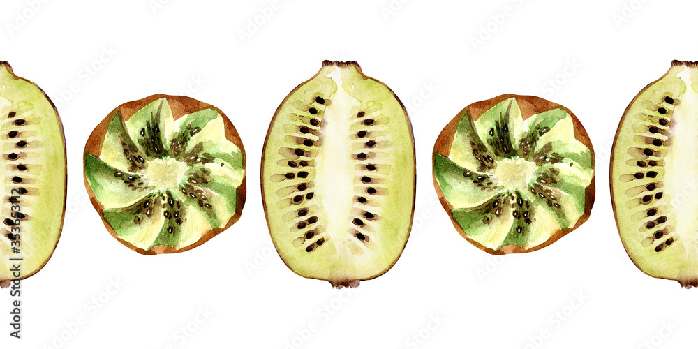 Fototapeta premium Watercolor seamless border with flowers, ripe fruits, branches and leaves of a kiwi tree