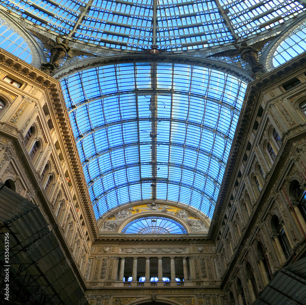 interior architectural details of Umberto I gallery in Naples, Italy. It is a public shopping gallery built in 1887-1891.classic liberty architecture and old buildings in Napoli