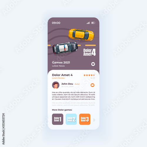 Racing game review smartphone interface vector template. Gaming mobile app page light design layout. Videogame preview, presentation screen. Flat UI for application. Description page on phone display