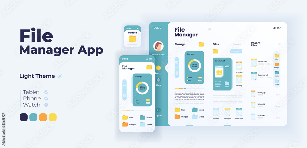 File manager app screen vector adaptive design template. Application day mode interface with flat illustrations. Device organizer and folder browser smartphone, tablet, smart watch cartoon UI