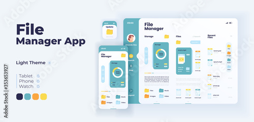 File manager app screen vector adaptive design template. Application day mode interface with flat illustrations. Device organizer and folder browser smartphone  tablet  smart watch cartoon UI