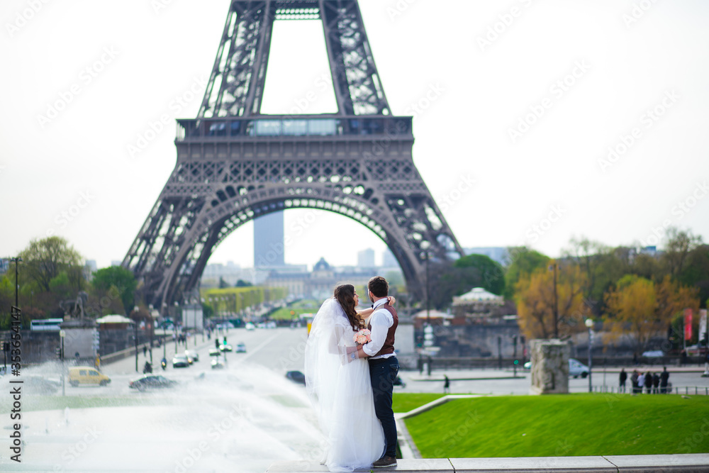 Obraz premium wedding couple. The bride in a beautiful wedding dress, the bride in a stylish tuxedo, Paris France