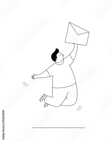 Happy man got an important letter.A handsome businessman jumps with an envelope in his hand.Modern vector illustration.