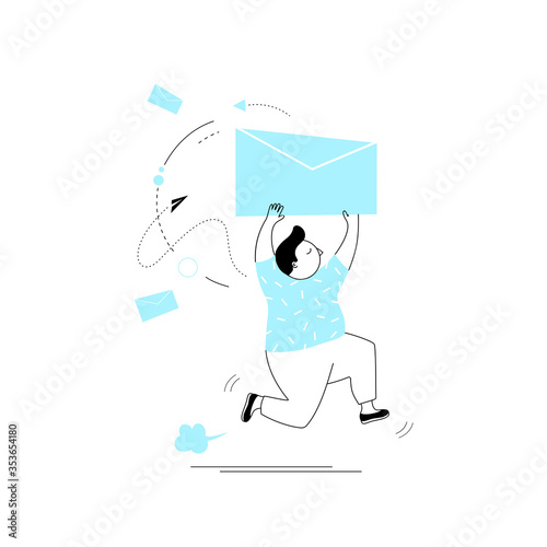 Happy man got an important letter.A handsome businessman runs with an envelope in his hand.Modern vector illustration.