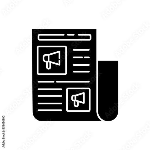 Advertorial black glyph icon. Native advertisement in newspaper. News for engagement. Journalist article to promote brand. Silhouette symbol on white space. Vector isolated illustration