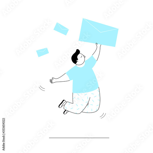 Happy man got an important letter.A handsome businessman jumps with an envelope in his hand.Modern vector illustration.