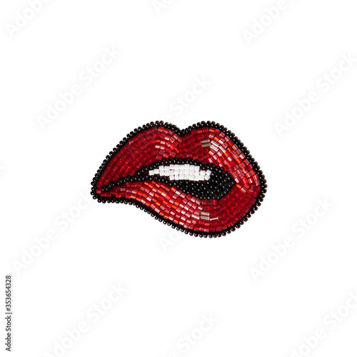 Wallpaper Mural Fashionable bead brooch in form of sensual female lips isolated on white background. Pop art style. For collages, moodboards. Flat lay, copy space. Concept trends, fashion, style, DIY, needlework. Torontodigital.ca