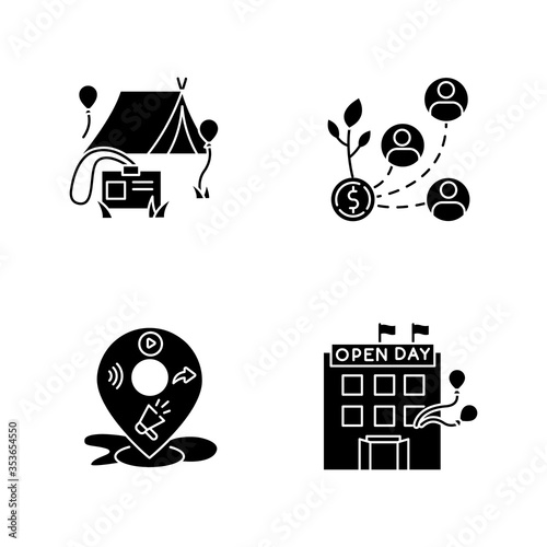 Event organization black glyph icons set on white space. Special event for corporate employees. Stakeholder invest in organization. Open house day. Silhouette symbols. Vector isolated illustration