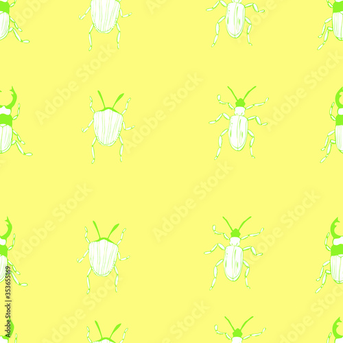 vector illustration seamless pattern of beetles with a green outline on a warm yellow background