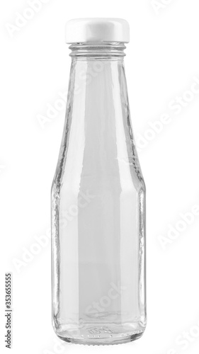 Empty glass bottle with white cover isolated on white background.