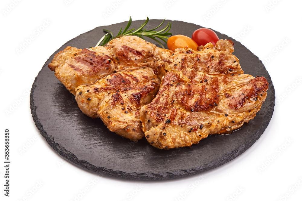 Grilled juicy pork steak, BBQ dishes, isolated on white background Grilled juicy pork steak, BBQ dishes, isolated on white background