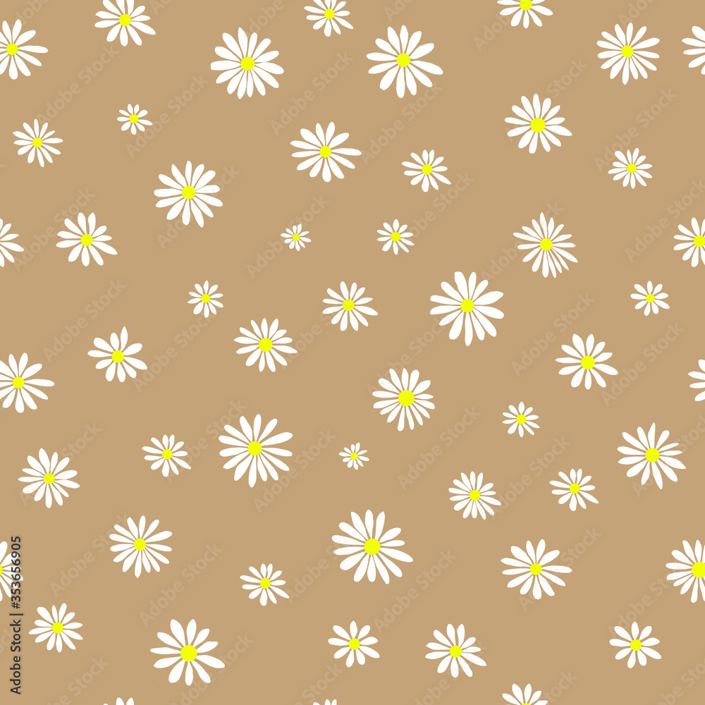 Daisies Pattern for clothes Graphic Vector Print. White daisies seamless vector pattern on a brown background. Daisy in flat design. Simple daisy flower hand-drawn. Vector illustration. Floral patter Daisies Pattern for clothes Graphic Vector Print. White daisies seamless vector pattern on a brown background. Daisy in flat design. Simple daisy flower hand-drawn. Vector illustration. Floral patter