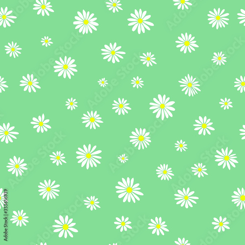 Daisies Pattern for clothes Graphic Vector Print. White daisies seamless vector pattern on a green background. Daisy in flat design. Simple daisy flower hand-drawn. Vector illustration. Floral pattern © Alina Kay