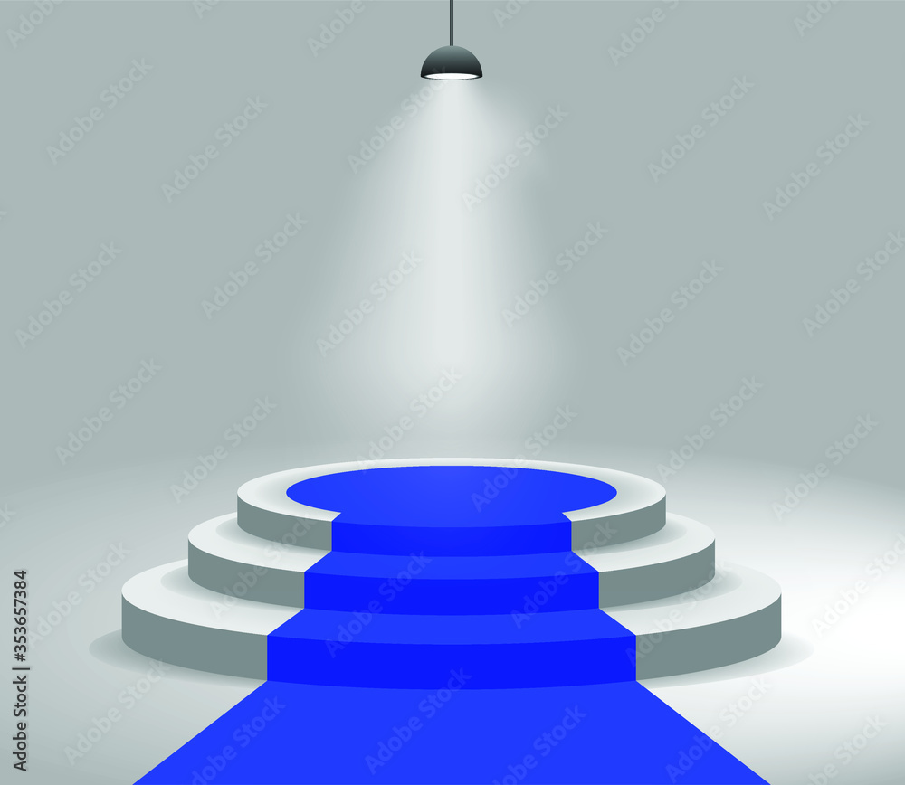 Fototapeta premium The blue carpet on white winner podium in the studio. 