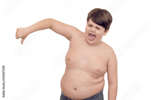 Quadro su tela Overweight boy c with negative emotion on a white isolated background