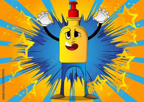 Cartoon Bottle of hand sanitizer gel with face is trying to scare you. Expressions vector.