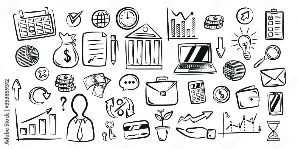 Set of money and banking related objects and elements. Hand drawn doodle illustration collection isolated on white background. Drawing vector illustration Set of money and banking related objects and elements. Hand drawn doodle illustration collection isolated on white background. Drawing vector illustration
