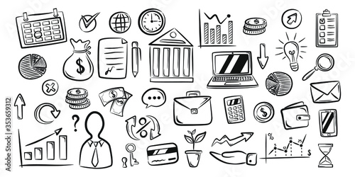 Set of money and banking related objects and elements. Hand drawn doodle illustration collection isolated on white background. Drawing vector illustration
