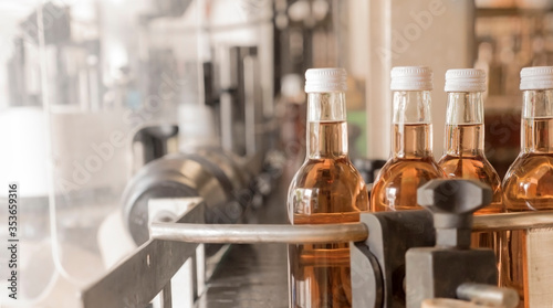 Small rose wine bottles sealed with white screw caps waiting on a conveyor belt in a german winery for labeling.