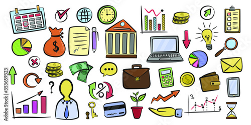 Vector set of color doodle business and finance Icons and elements on white background. Isolated drawing vector illustration
