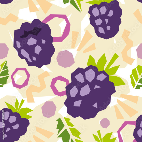 Seamless pattern of abstract doodle objects, blackberry and leaves. Paper cut modern contemporary style. Vector