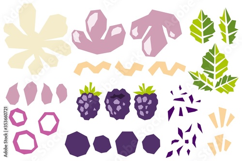 Set of various shapes abstract doodle objects, blackberry and leaves. Paper cut modern contemporary style. Vector