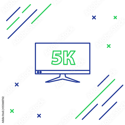 Line Computer PC monitor display with 5k video technology icon isolated on white background. Colorful outline concept. Vector.