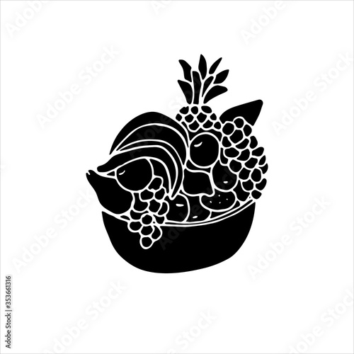 Vector illustration of a bowl of fruit silhouette isolated on white background. Hand drawn black icon.