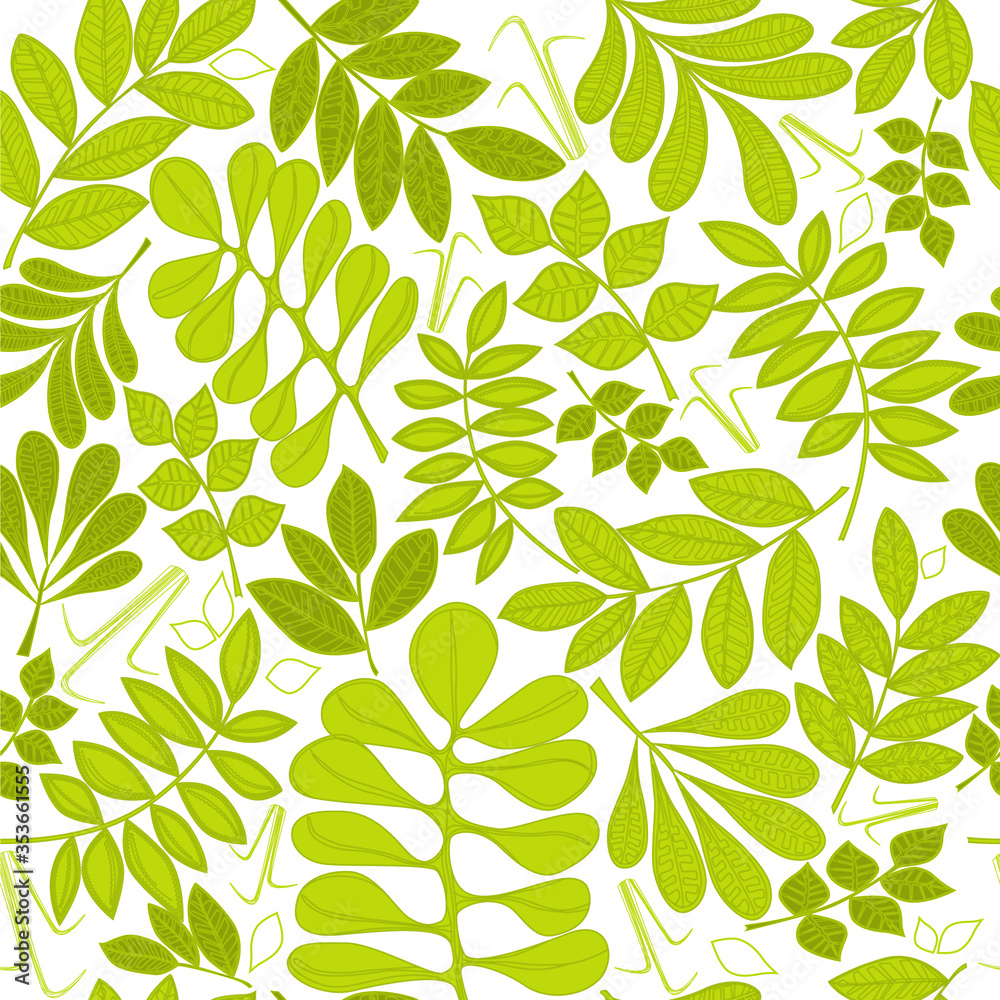 Summer leaves green pattern, artistic bright background. Textile design