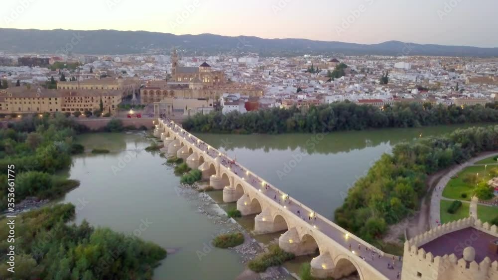 Aerial view of Roman bridge and Mezquita-Cathedral in Cordoba, Spain Aerial view of Roman bridge and Mezquita-Cathedral in Cordoba, Spain