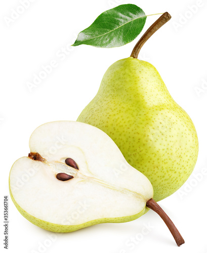 Green yellow pear fruit with pear half and green leaf isolated on white background with clipping path. Full depth of field.