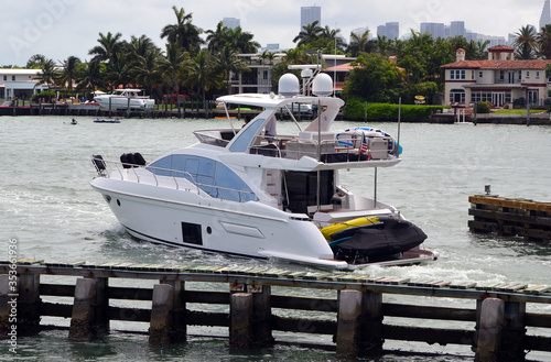High-end cabin cruiser on Biscayne Bay off Miami Beach and the Venetia Causeway.