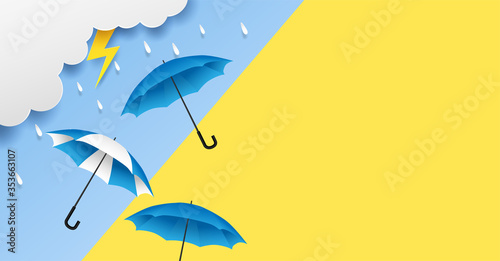 Rainy season. design with raining drops, umbrella and clouds on blue background. vector.