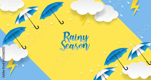 Rainy season. design with raining drops, umbrella and clouds on blue background. vector.