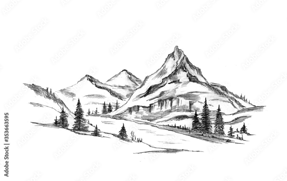 Mountain landscape sketch. mountains, river, trees. Monochrome