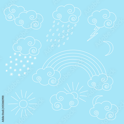The set of the cute decorative elements with the weather phenomena is on the blue background.