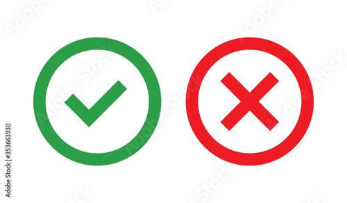 Flat vector icon. Green check mark and red cross outline icons. 