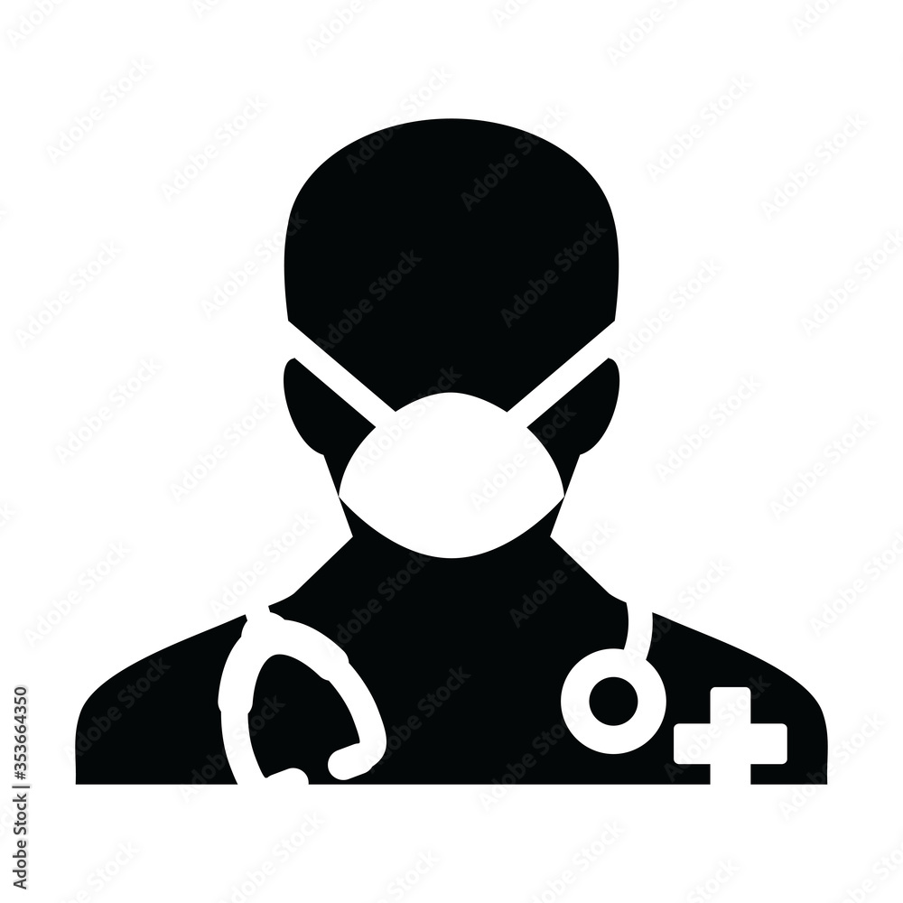 Doctor icon vector with face mask male person profile avatar symbol with stethoscope for medical consultation in Glyph Pictogram illustration Doctor icon vector with face mask male person profile avatar symbol with stethoscope for medical consultation in Glyph Pictogram illustration