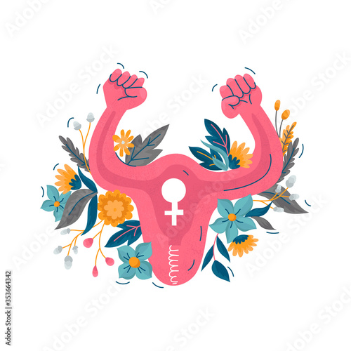 Women empowerment propaganda poster. Uterus with clenched fists and floral decoration vector illustration.